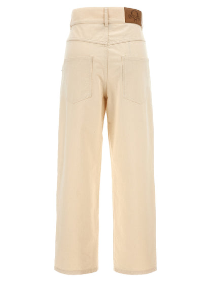 Chinos Pants by Moschino for women in leather & cotton beige presents a sartorial luxe silhouette, showcasing a sophisticated with a long and for a premium, sartorial luxe finish.