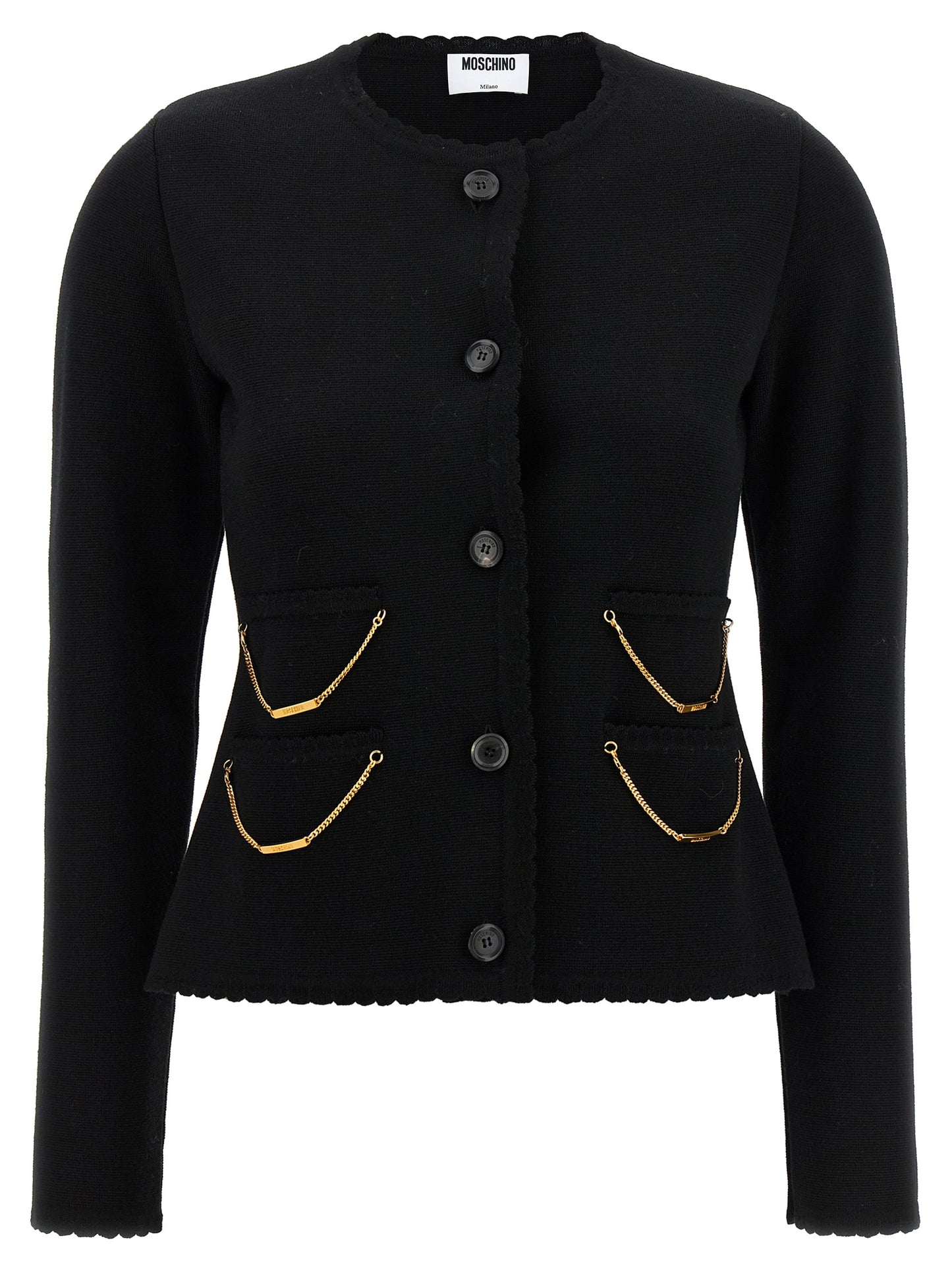 Cardigan by Moschino for women in merino virgin wool black presents a textural silhouette, artfully finished with a textural crew neckline and for a sophisticated, textural look.