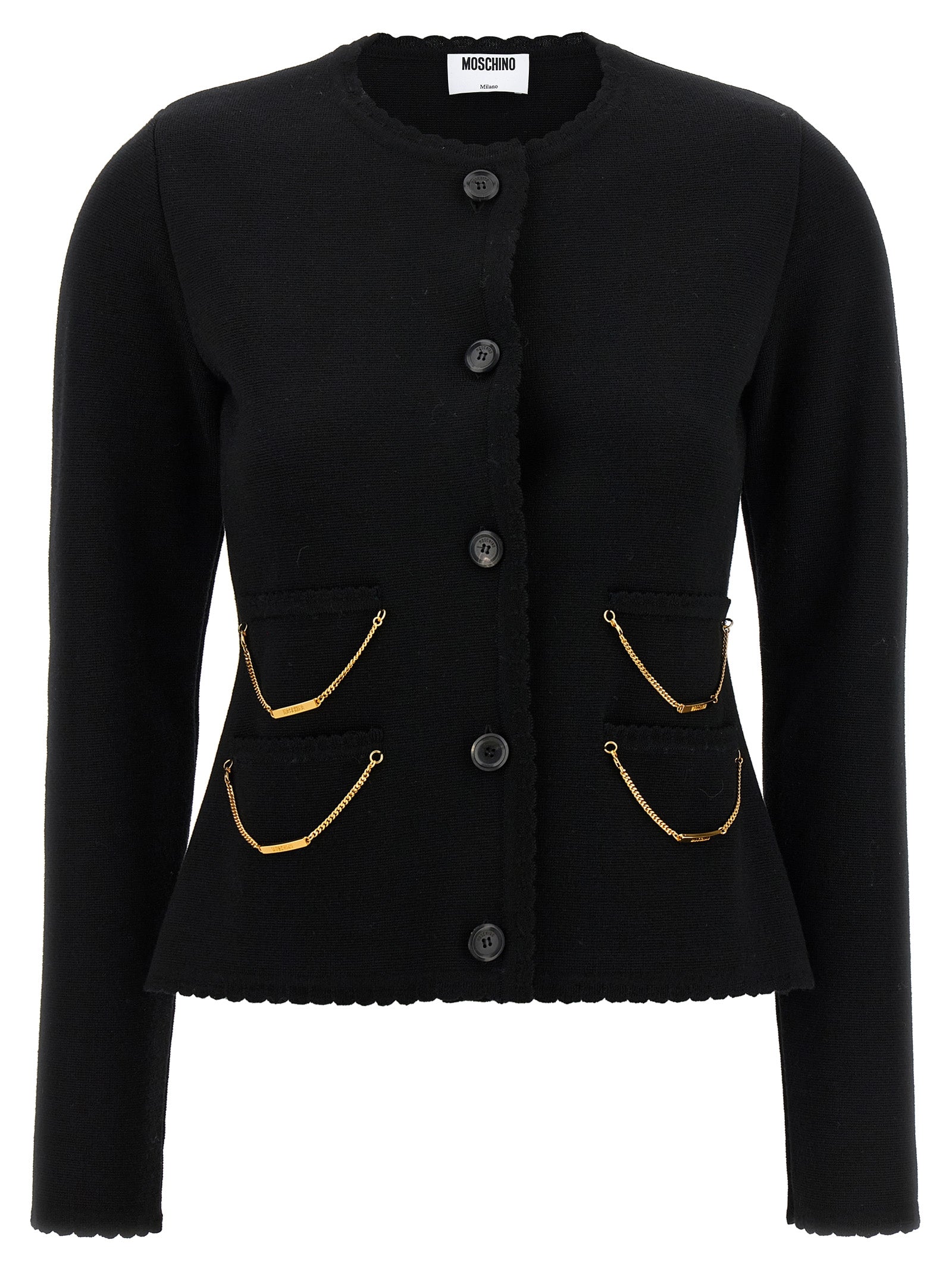 Cardigan by Moschino for women in merino virgin wool black presents a textural silhouette, artfully finished with a textural crew neckline and for a sophisticated, textural look.