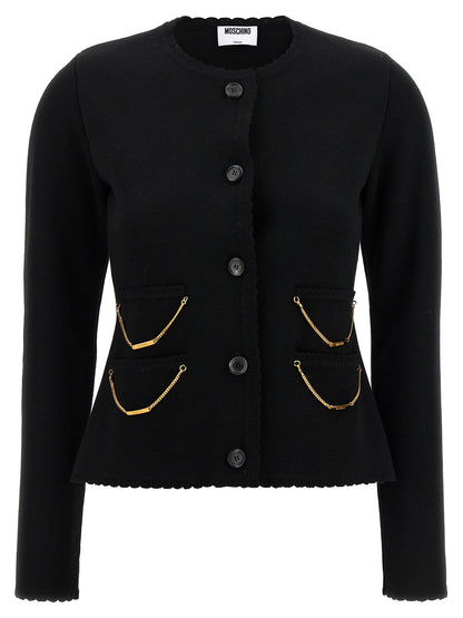 Cardigan by Moschino for women in merino virgin wool black presents a textural silhouette, artfully finished with a textural crew neckline and for a sophisticated, textural look.