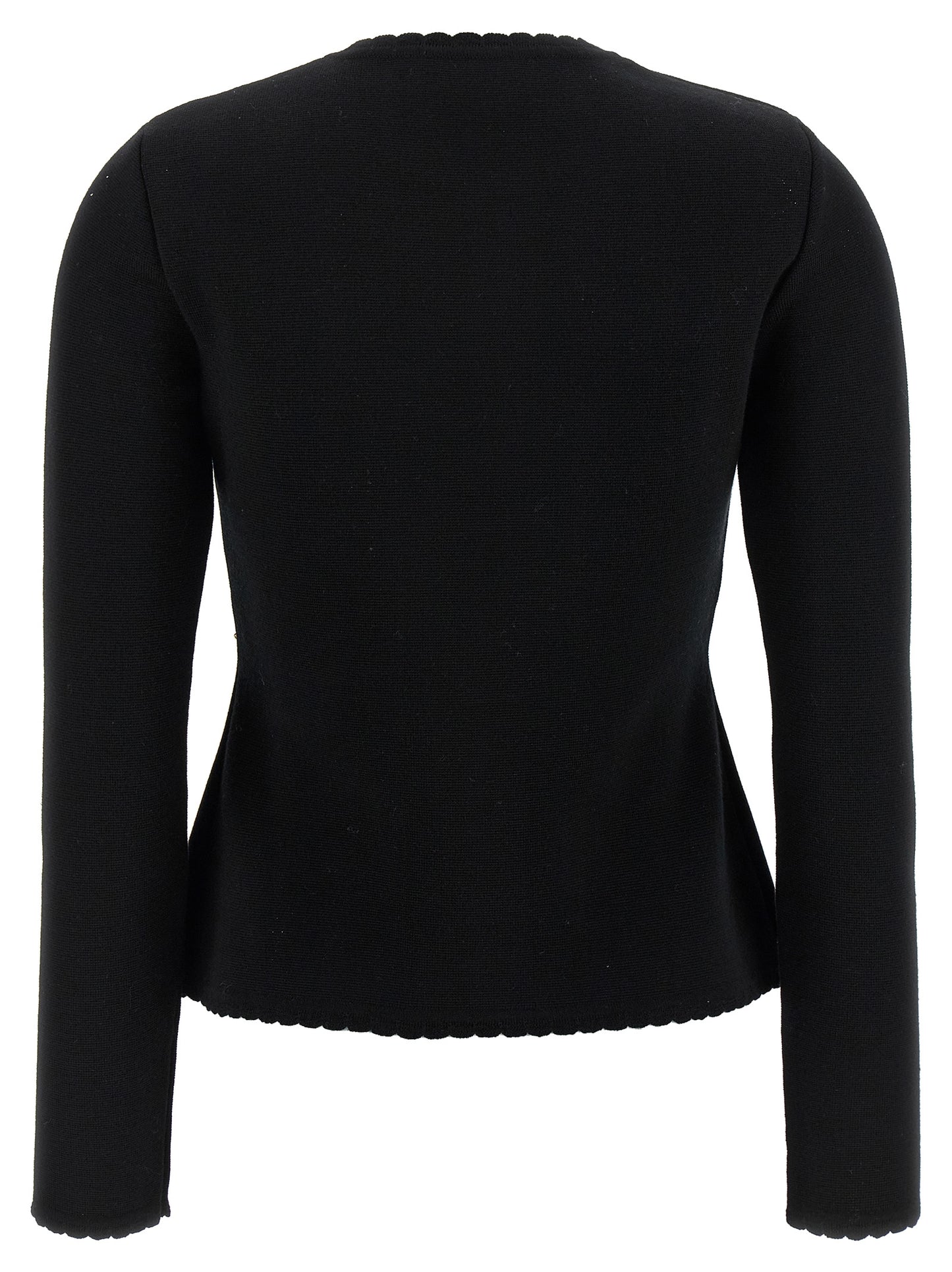 Cardigan by Moschino for women in merino virgin wool black showcases a captivating silhouette, artfully detailed with a captivating and crew neckline for a truly sophisticated captivating look.