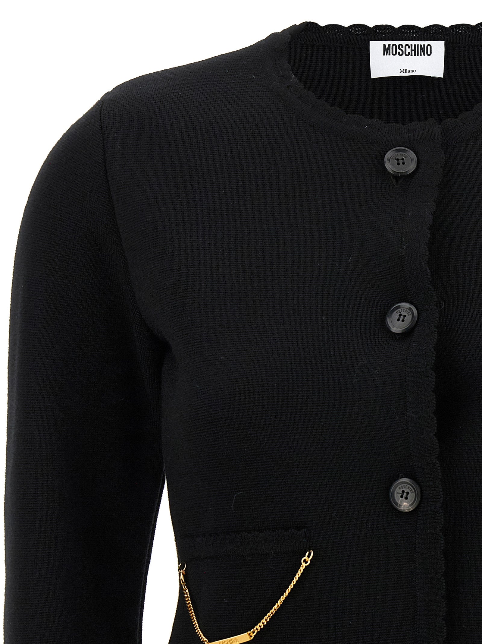 Cardigan by Moschino for women in merino virgin wool black features a dramatic silhouette, showcasing a sophisticated crew neckline and dramatic detail for a timeless, premium look.