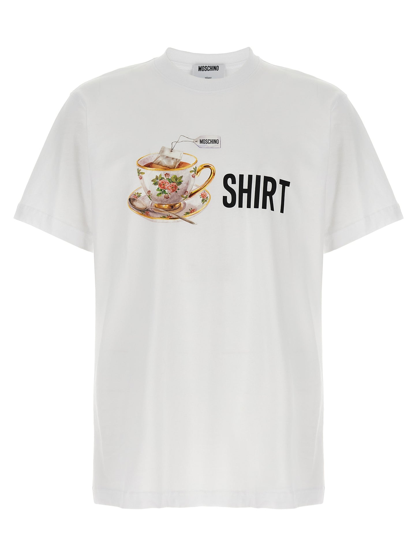 T-Shirt by Moschino for men in organic cotton white & print showcases a fashionable silhouette, elegantly detailed with a fashionable short-sleeve and crew neckline for a sophisticated, high-fashion look.