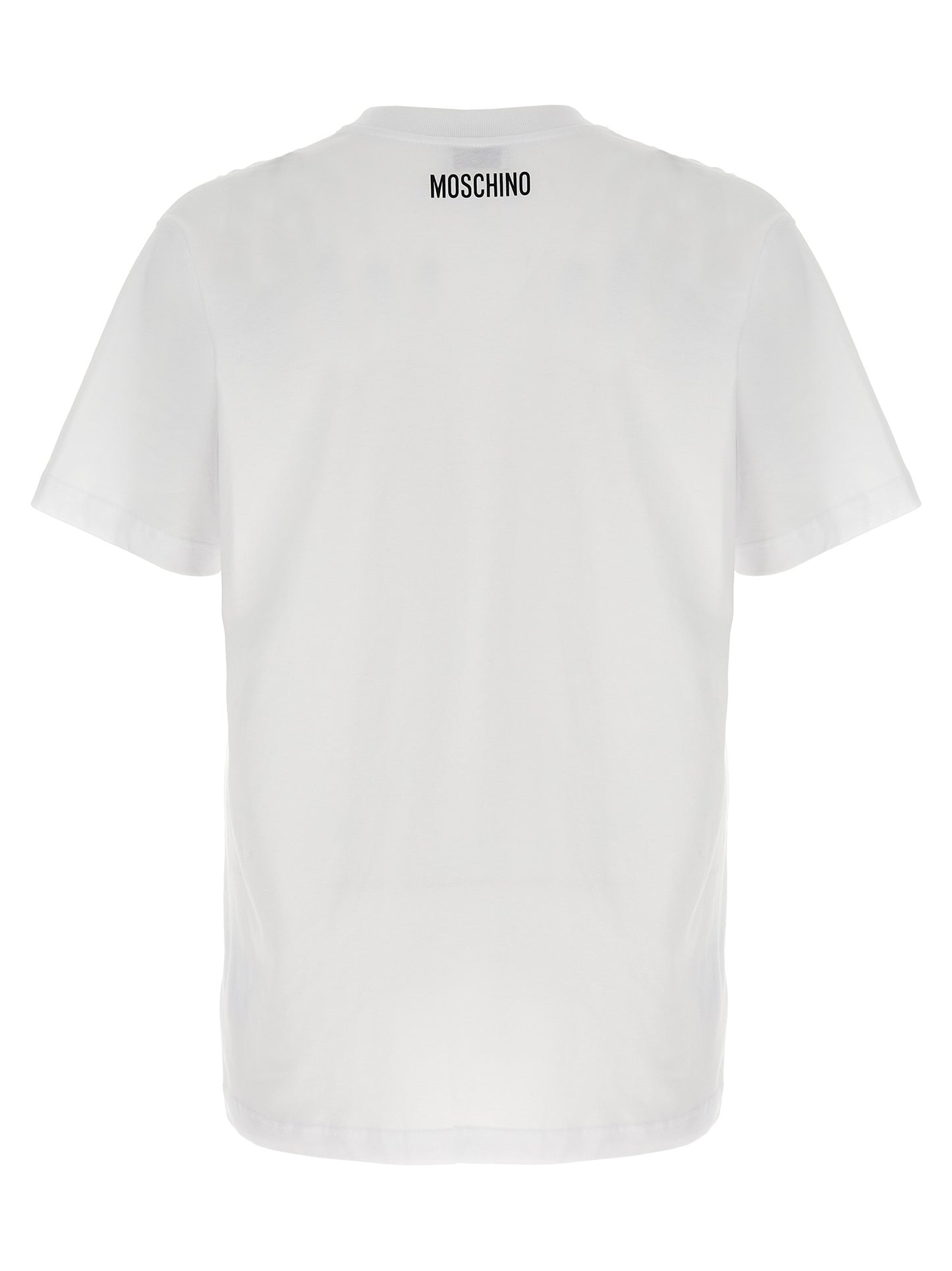 T-Shirt by Moschino for men in organic cotton white & print showcases a dramatic silhouette, elegantly detailed with a dramatic crew neckline and for a truly dramatic finish.