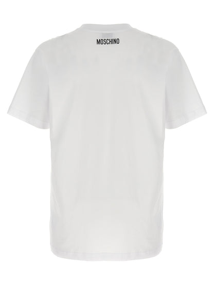 T-Shirt by Moschino for men in organic cotton white & print showcases a dramatic silhouette, elegantly detailed with a dramatic crew neckline and for a truly dramatic finish.