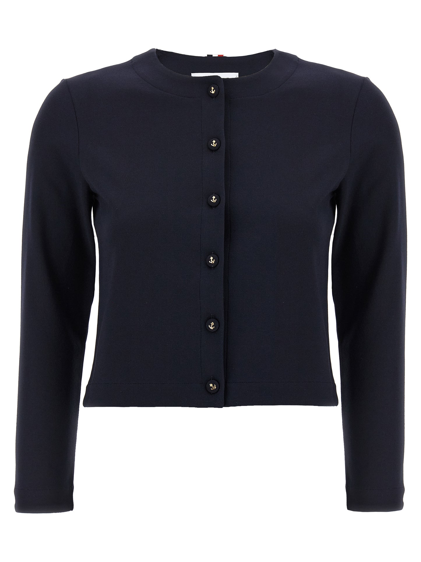 Cardigan by Thom Browne for women in stretch polyamide viscose blue showcases a captivating silhouette, artfully detailed with a captivating long-sleeve and crew neckline for a truly sophisticated captivating look.