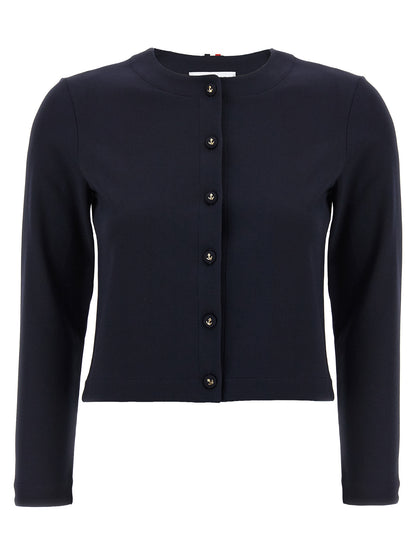 Cardigan by Thom Browne for women in stretch polyamide viscose blue showcases a captivating silhouette, artfully detailed with a captivating long-sleeve and crew neckline for a truly sophisticated captivating look.