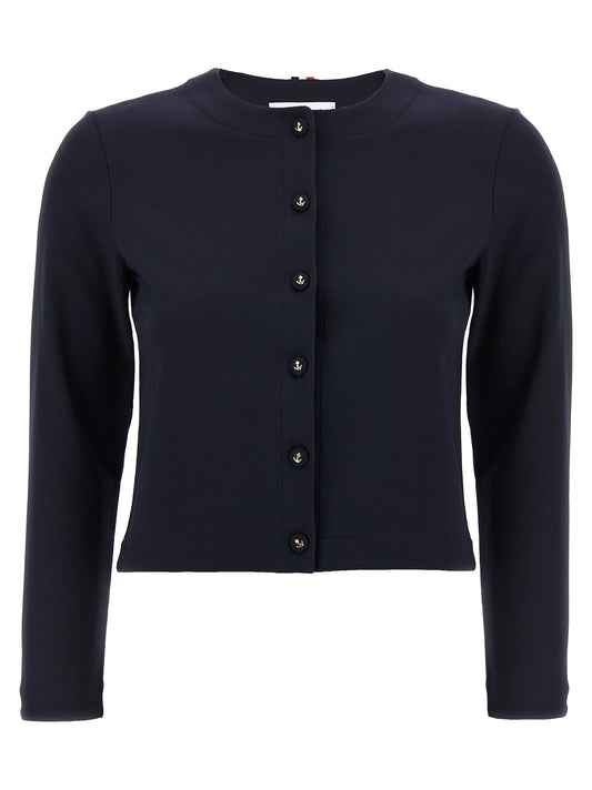 Cardigan by Thom Browne for women in stretch polyamide viscose blue showcases a captivating silhouette, artfully detailed with a captivating long-sleeve and crew neckline for a truly sophisticated captivating look.