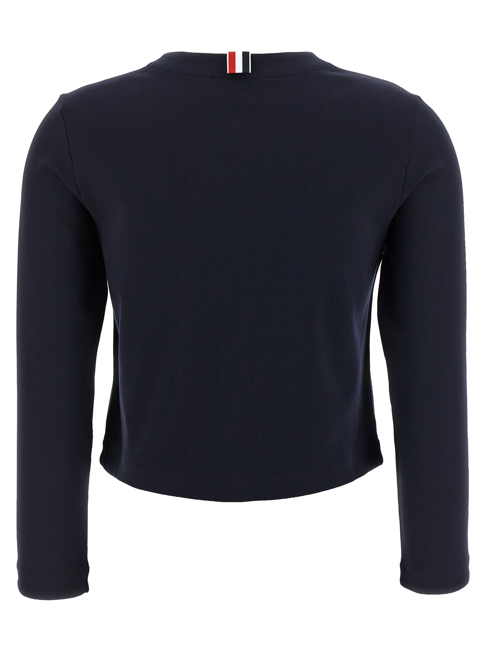 Cardigan by Thom Browne for women in stretch polyamide viscose blue features an impeccable silhouette, showcasing a sophisticated crew neckline and detail for a truly impeccable finish.