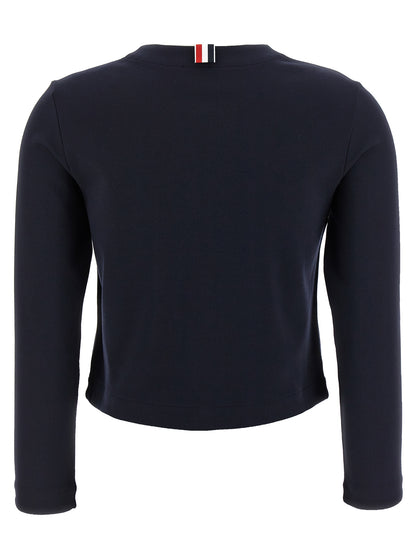 Cardigan by Thom Browne for women in stretch polyamide viscose blue features an impeccable silhouette, showcasing a sophisticated crew neckline and detail for a truly impeccable finish.