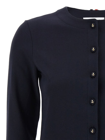 Cardigan by Thom Browne for women in stretch polyamide viscose blue features a nuanced silhouette with a refined crew neckline and nuanced detailing for a sophisticated look.