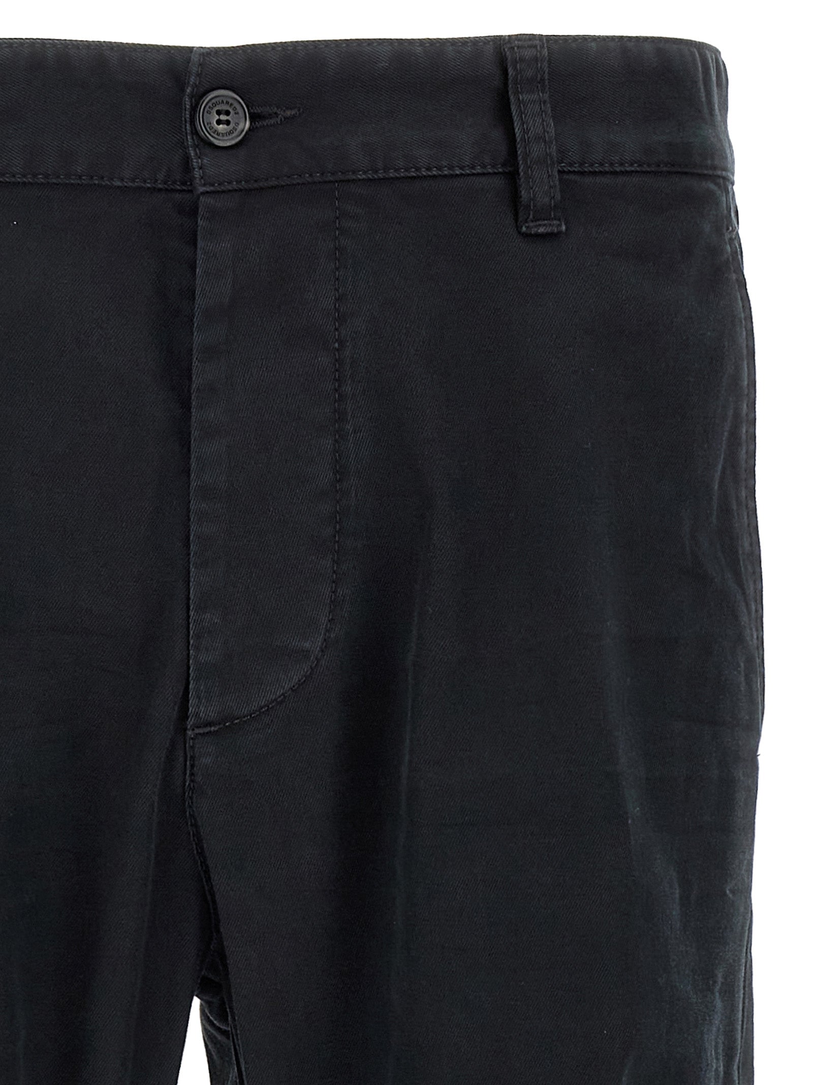 Chinos Pants by Dsquared² for men in stretch cotton black features an utilitarian-chic silhouette, showcasing a utilitarian-chic with a long cut and for a refined look.