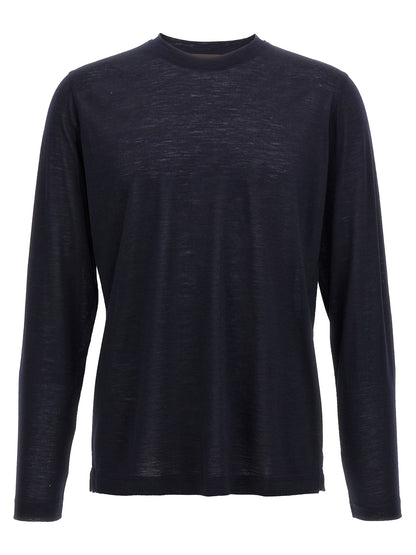 Activewear T-Shirt by ZANONE for men in virgin wool blue features a sporty silhouette with long-sleeve and crew neckline, showcasing innovative for a sporty finish.