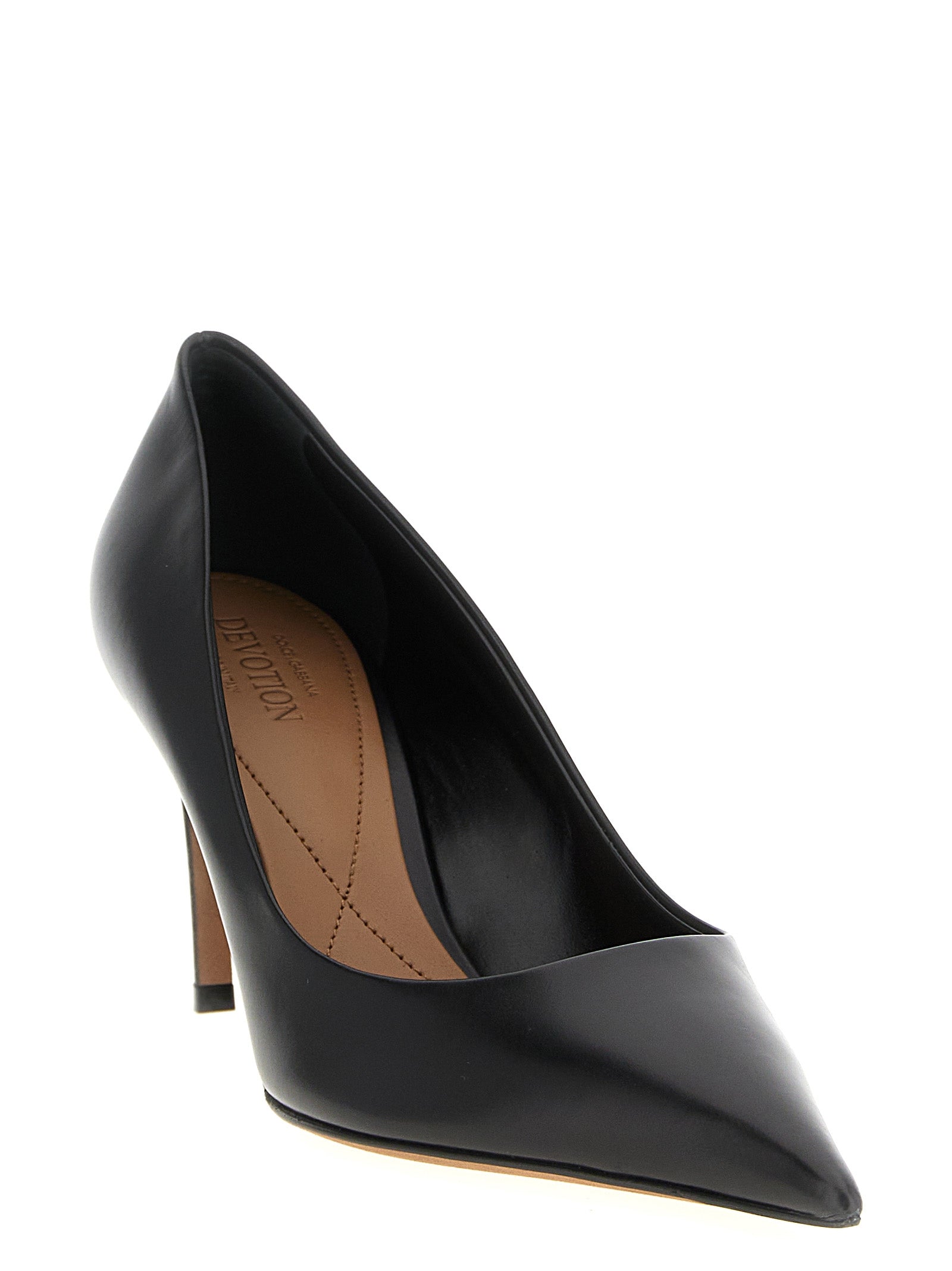 High-Heel Pumps Heels by Dolce & Gabbana for women in calfskin leather black features an effortlessly chic silhouette from the Devotion Heart Women's Calfskin Leather High-Heel Pumps Heels collection, showcasing a high-heel and effortlessly chic pointed toe style for a effortlessly chic look.