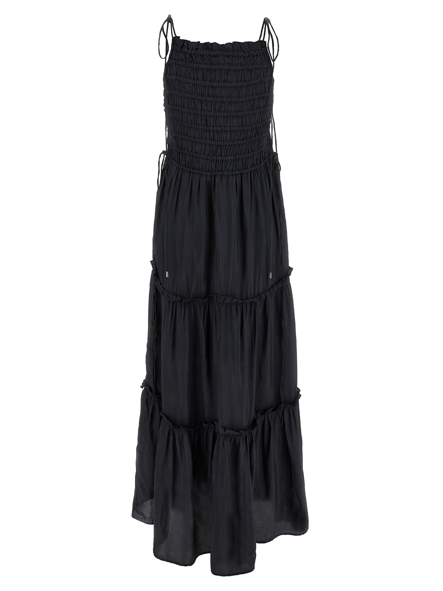Dress by Ganni for women in viscose gray features a dramatic silhouette, showcasing an elegant and that flows into a dramatic maxi long.