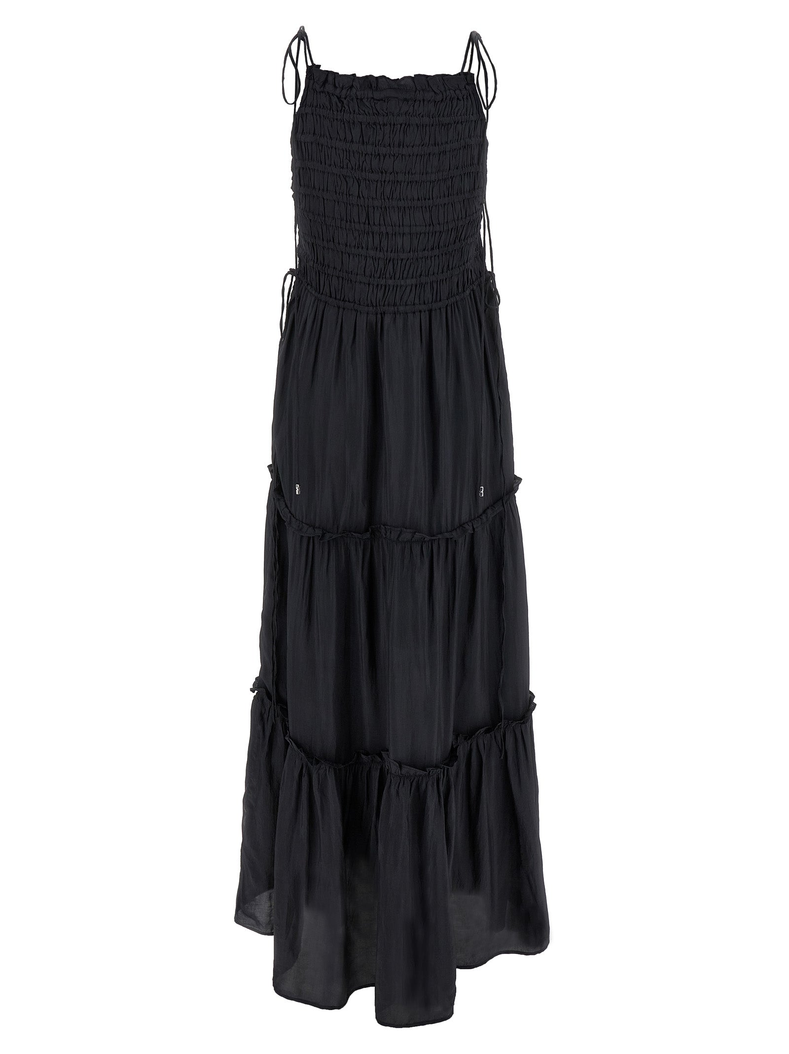 Dress by Ganni for women in viscose gray features a dramatic silhouette, showcasing an elegant and that flows into a dramatic maxi long.