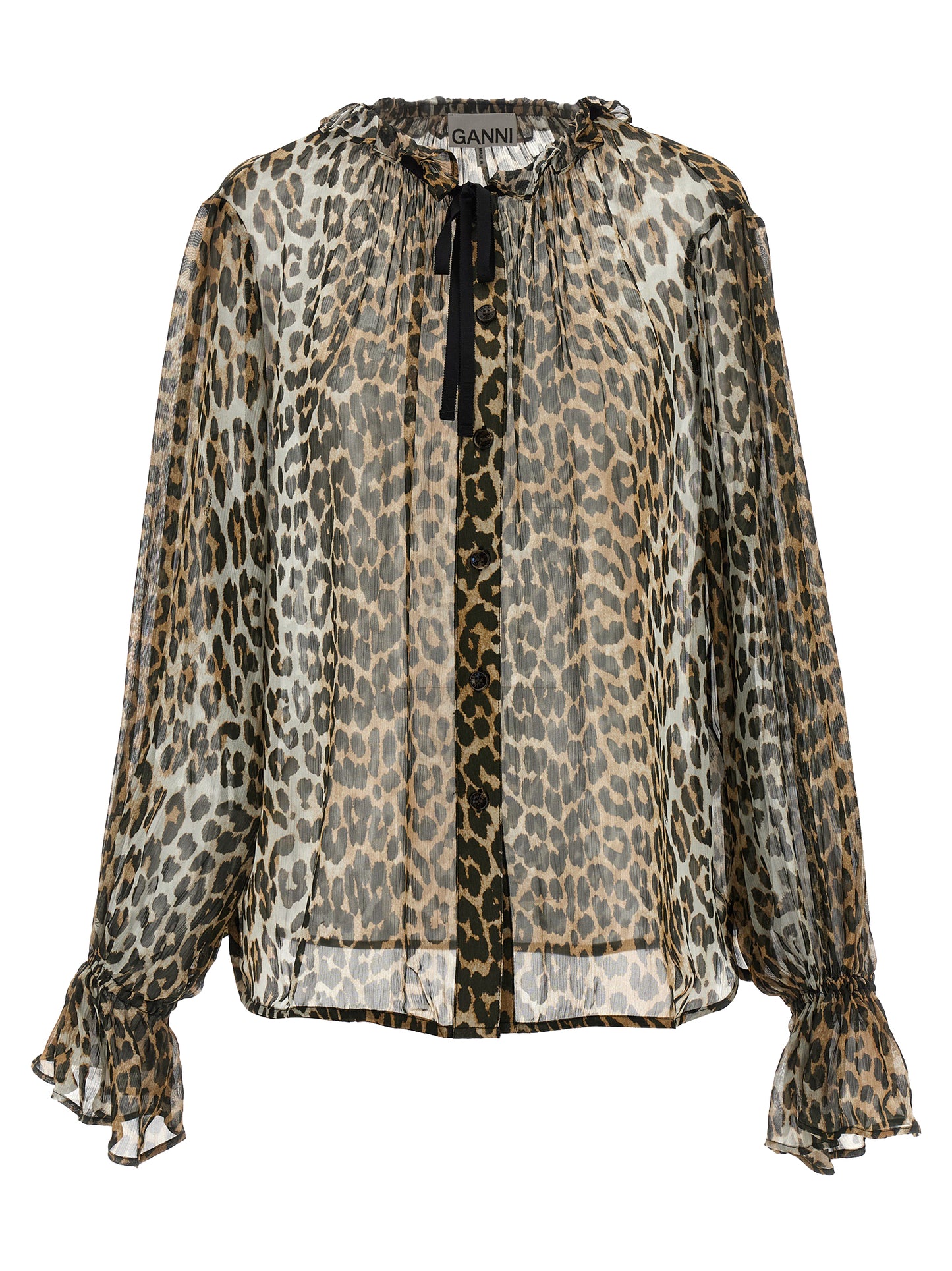 Blouse by Ganni for women in viscose chiffon brown, transparent, leopard-print & print features an architectural silhouette with a refined long-sleeve and elegant crew neckline for a architectural look.