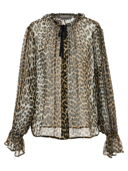 Blouse by Ganni for women in viscose chiffon brown, transparent, leopard-print & print features an architectural silhouette with a refined long-sleeve and elegant crew neckline for a architectural look.