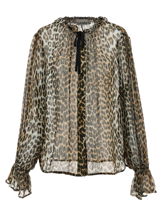 Blouse by Ganni for women in viscose chiffon brown, transparent, leopard-print & print features an architectural silhouette with a refined long-sleeve and elegant crew neckline for a architectural look.