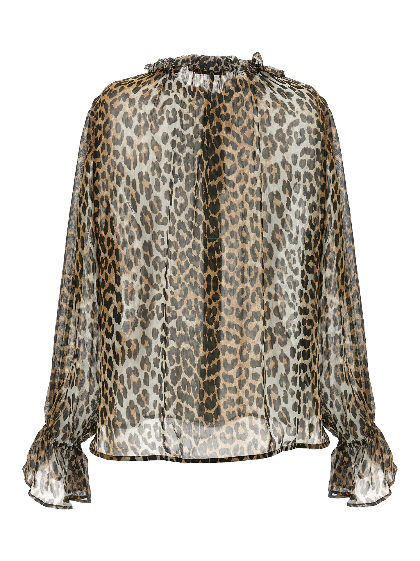 Blouse by Ganni for women in viscose chiffon brown, transparent, leopard-print & print showcases a sharp silhouette, elegantly detailed with a sharp crew neckline and sharp .