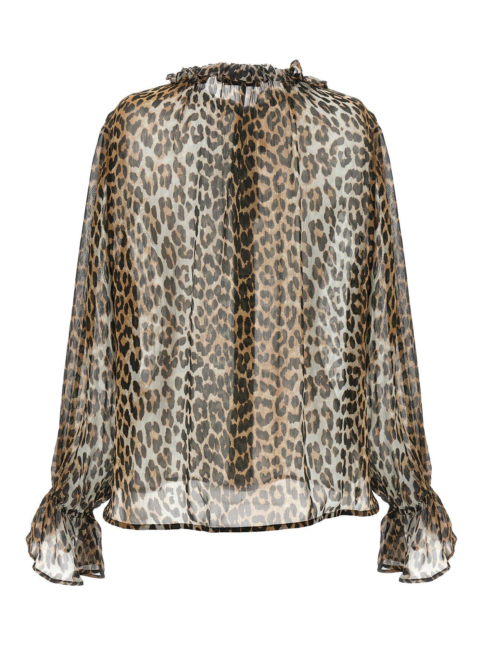 Blouse by Ganni for women in viscose chiffon brown, transparent, leopard-print & print showcases a sharp silhouette, elegantly detailed with a sharp crew neckline and sharp .