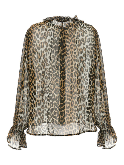 Blouse by Ganni for women in viscose chiffon brown, transparent, leopard-print & print showcases a sharp silhouette, elegantly detailed with a sharp crew neckline and sharp .