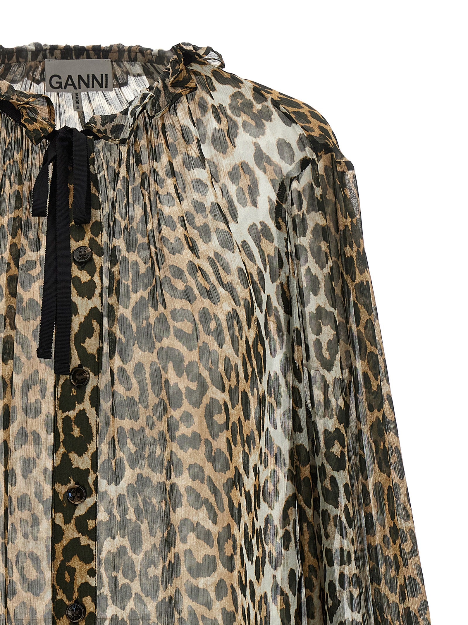 Blouse by Ganni for women in viscose chiffon brown, transparent, leopard-print & print showcases a sleek silhouette, elegantly detailed with a sleek crew neckline and for a sleek finish.