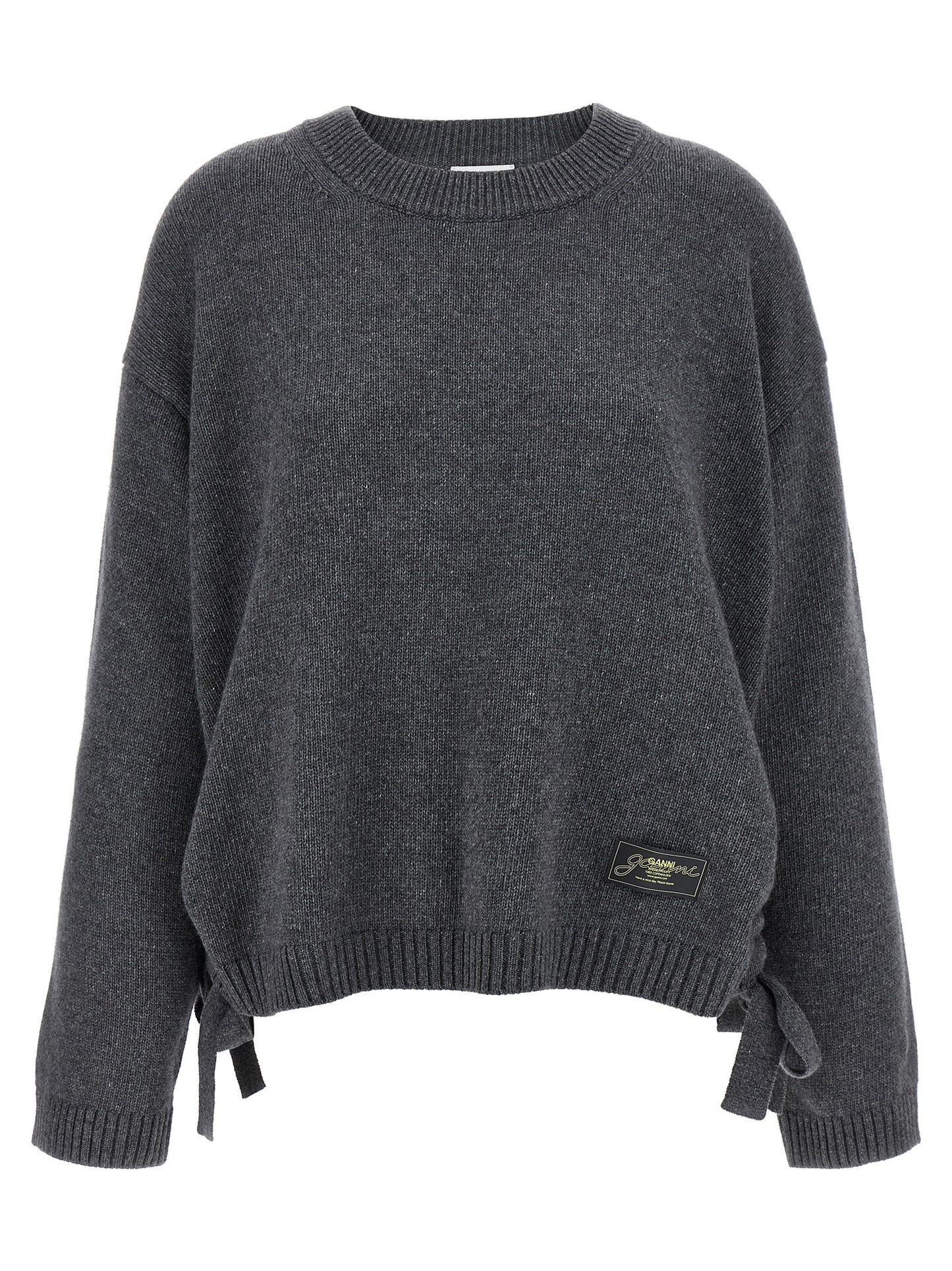 Cardigan by Ganni for women in wool & viscose gray features an impeccable silhouette, showcasing a sophisticated crew neckline and long-sleeve detail for a truly impeccable finish.