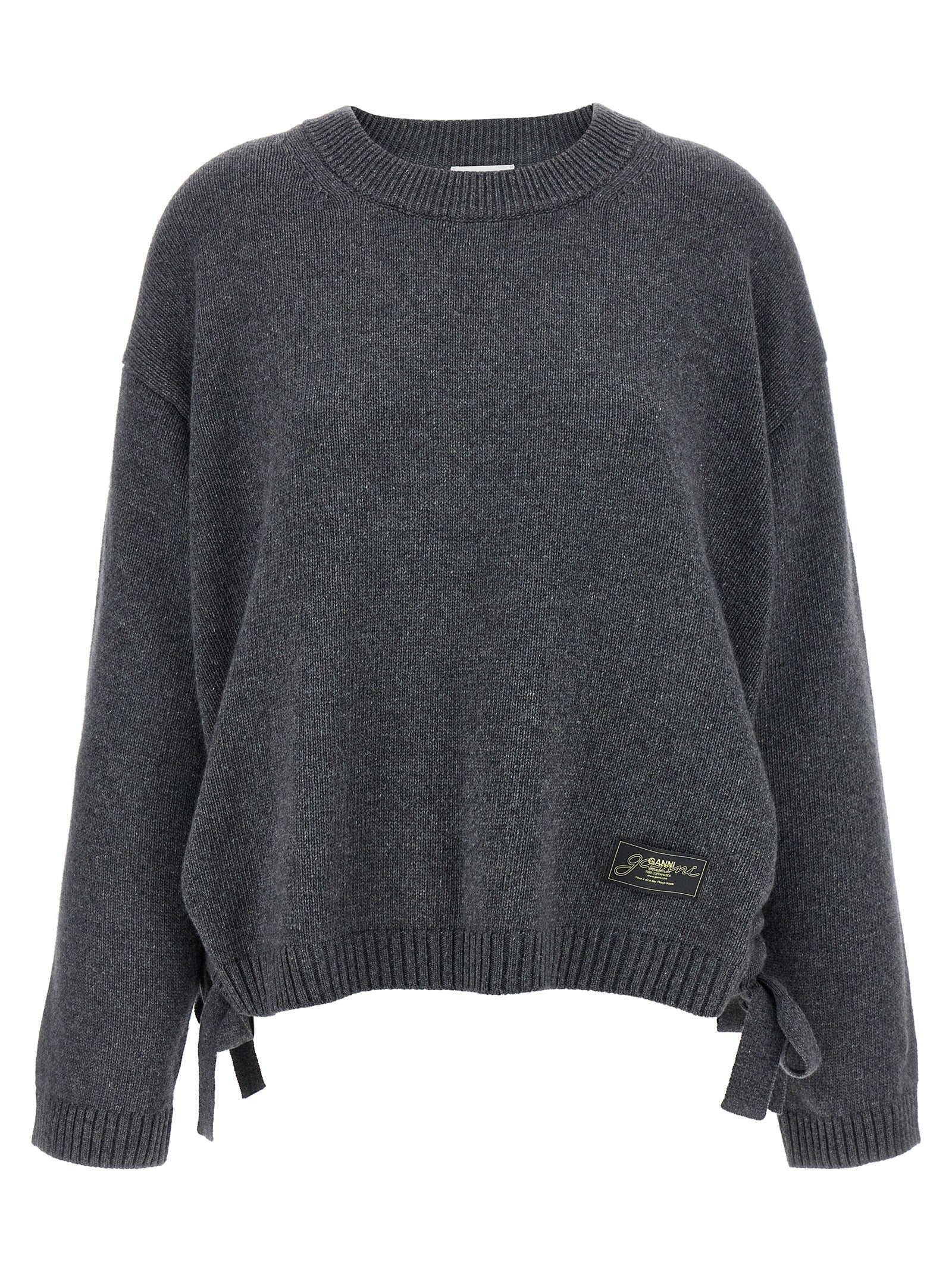 Cardigan by Ganni for women in wool & viscose gray features an impeccable silhouette, showcasing a sophisticated crew neckline and long-sleeve detail for a truly impeccable finish.