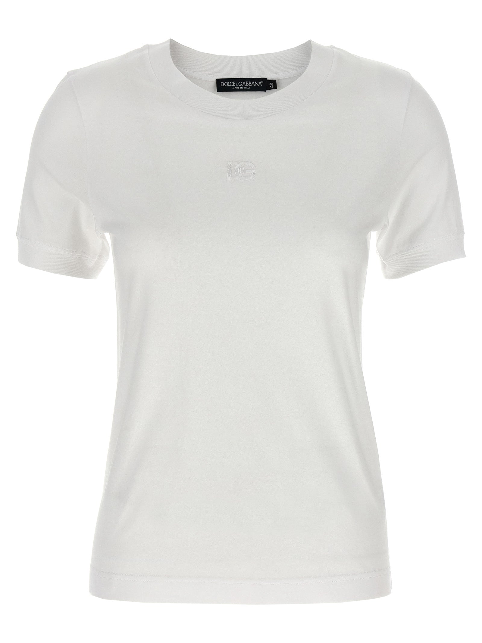 T-Shirt by Dolce & Gabbana for women in cotton white showcases a unassuming silhouette, artfully detailed with a refined crew neckline and unassuming short-sleeve for a sophisticated, contemporary look.