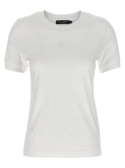 T-Shirt by Dolce & Gabbana for women in cotton white showcases a unassuming silhouette, artfully detailed with a refined crew neckline and unassuming short-sleeve for a sophisticated, contemporary look.