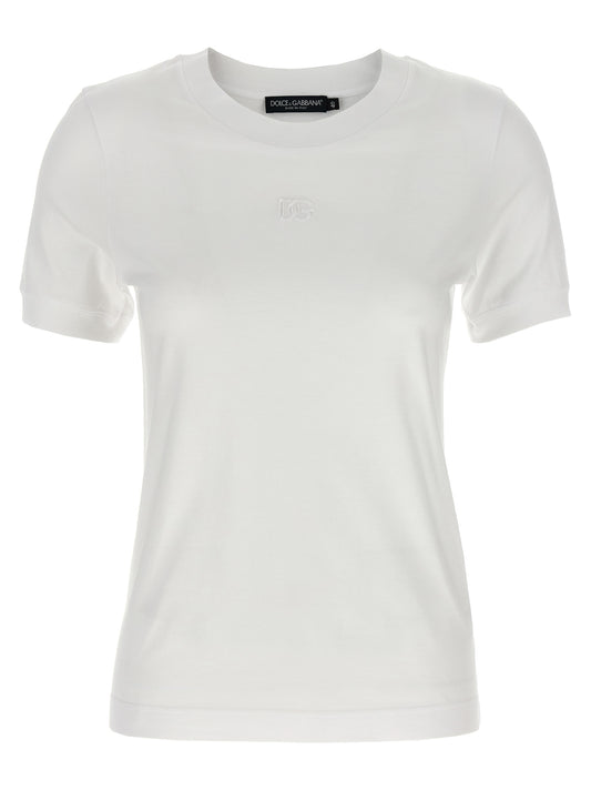 T-Shirt by Dolce & Gabbana for women in cotton white showcases a unassuming silhouette, artfully detailed with a refined crew neckline and unassuming short-sleeve for a sophisticated, contemporary look.