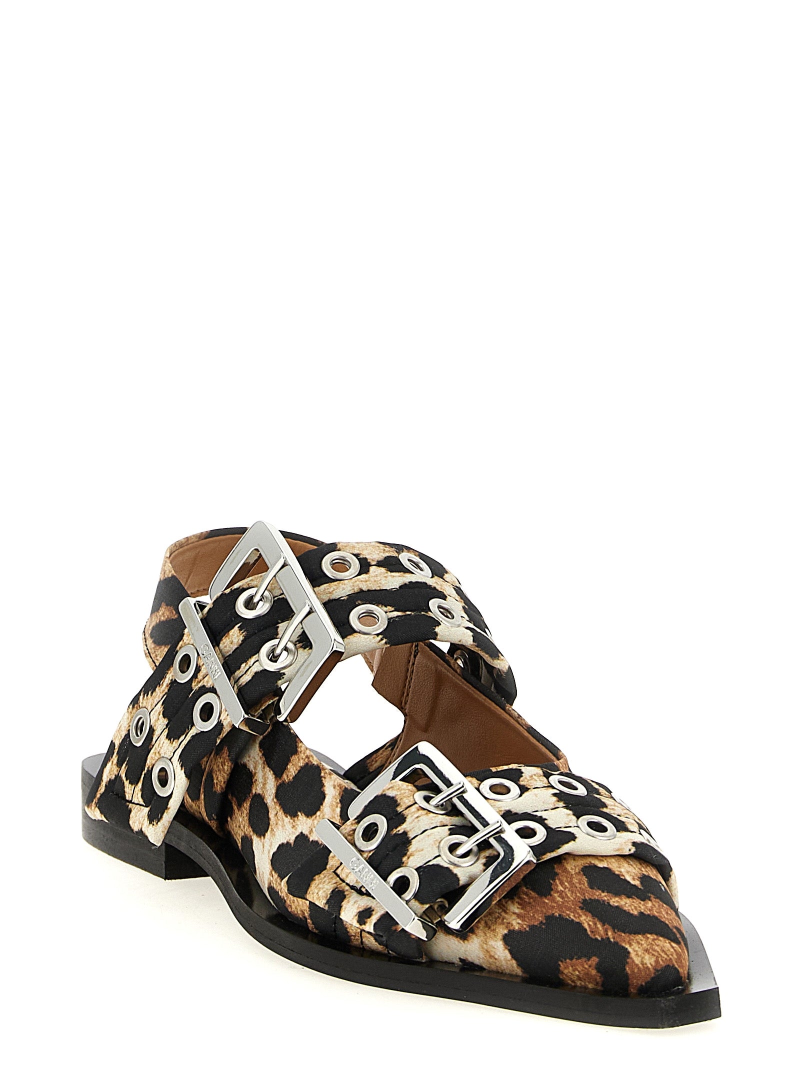 Ballet Slingback Flat Shoes by Ganni for women in polyester satin multicolor & print presents a effortless chic silhouette, showcasing the Women's Polyester Satin Ballet Slingback Flat Shoes design with a effortless chic and pointed toe style for a sophisticated look.