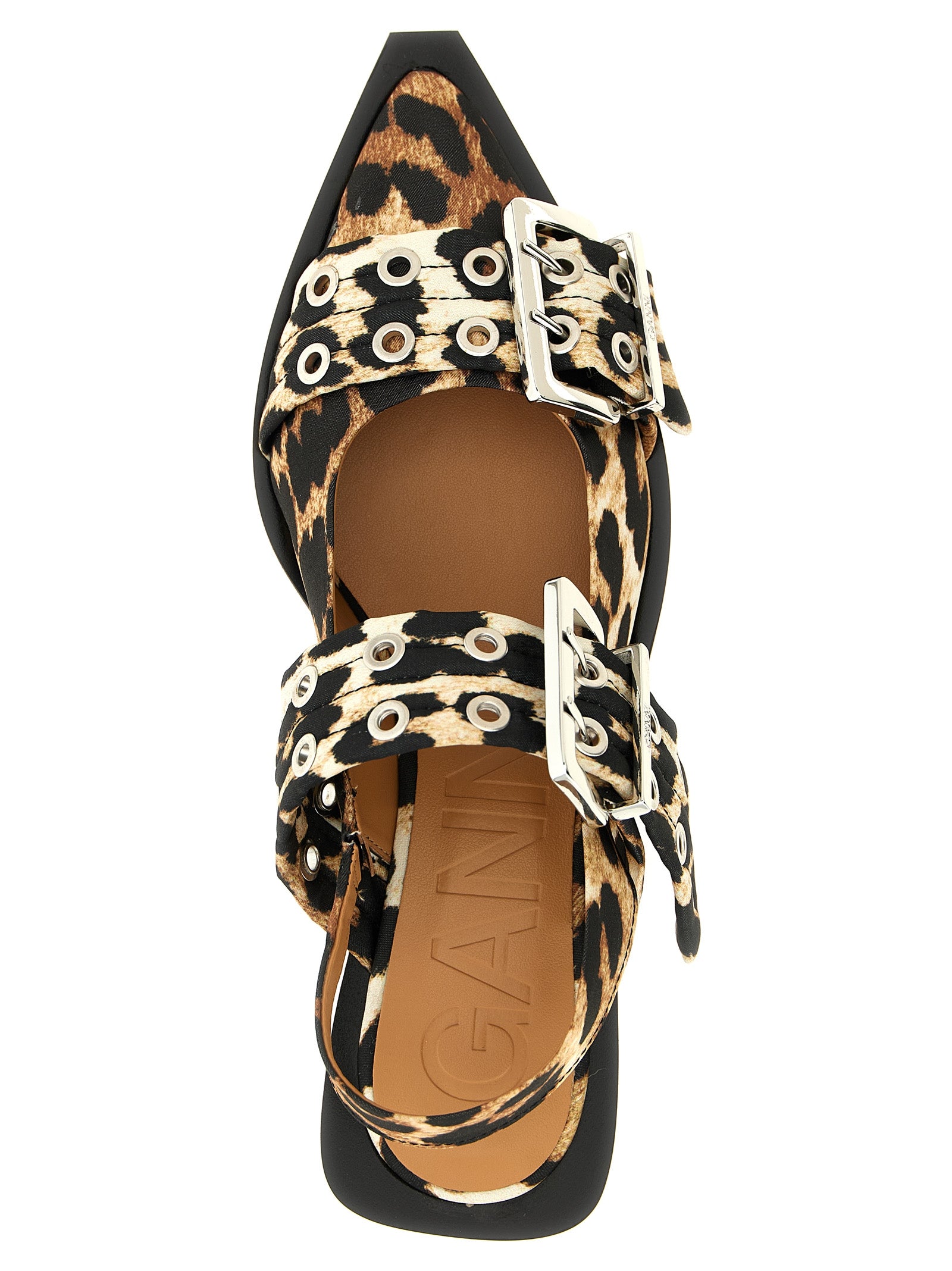 Ballet Slingback Flat Shoes by Ganni for women in polyester satin multicolor & print features an statuesque silhouette from the Women's Polyester Satin Ballet Slingback Flat Shoes collection, showcasing a and a statuesque pointed toe style for a statuesque look.