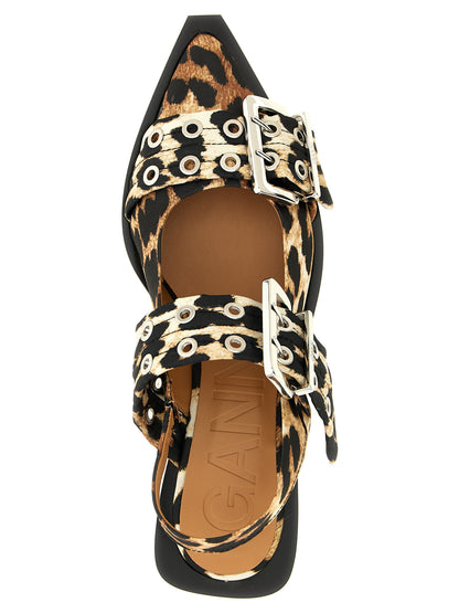 Ballet Slingback Flat Shoes by Ganni for women in polyester satin multicolor & print features an statuesque silhouette from the Women's Polyester Satin Ballet Slingback Flat Shoes collection, showcasing a and a statuesque pointed toe style for a statuesque look.