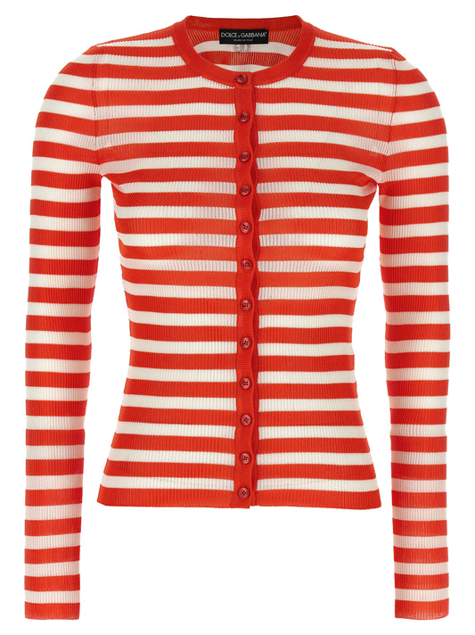 Cardigan by Dolce & Gabbana for women in viscose orange, patterned & striped showcases a luxurious silhouette, meticulously detailed with a sophisticated crew neckline and long-sleeve for a refined finish.