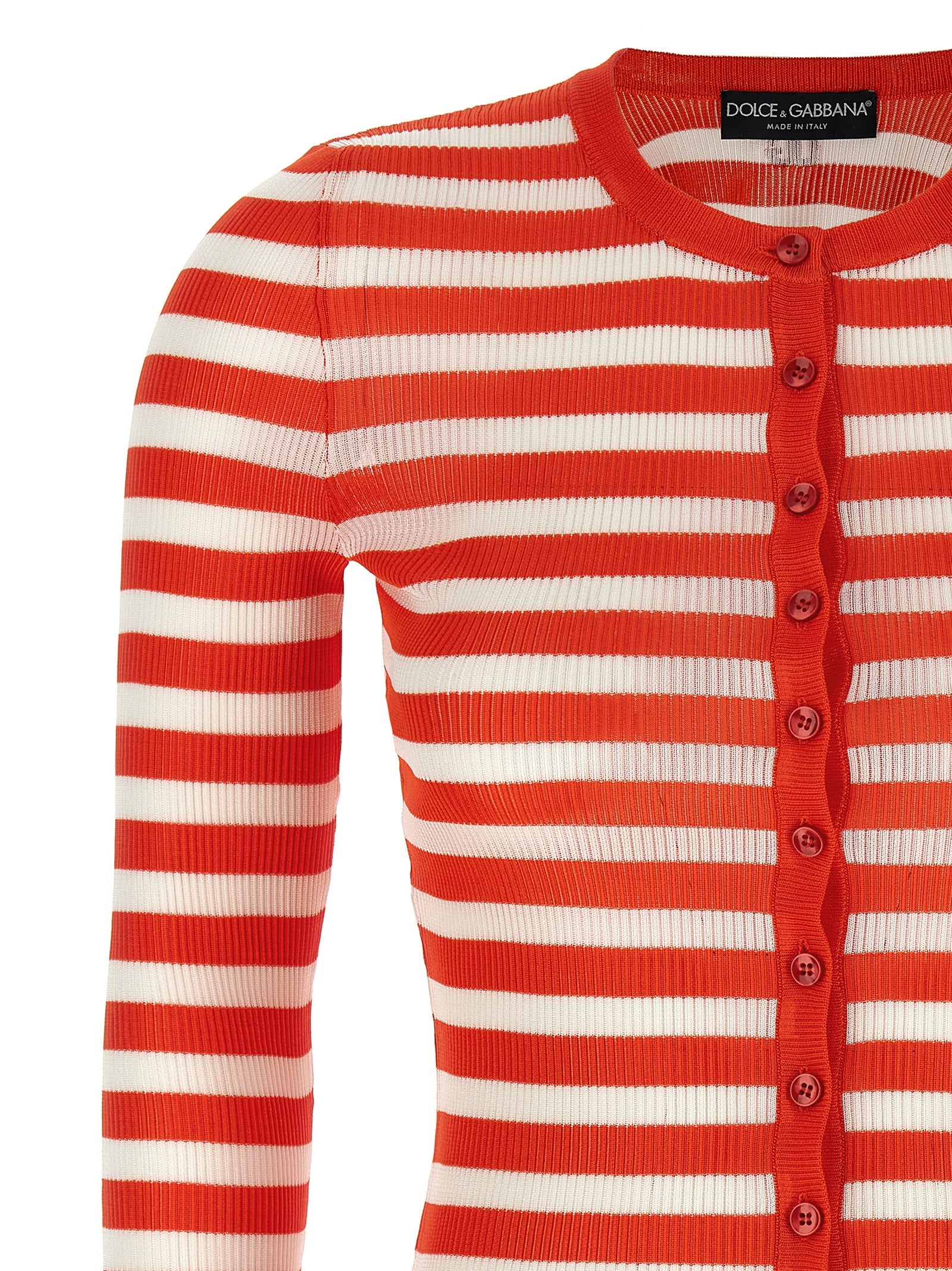 Cardigan by Dolce & Gabbana for women in viscose orange, patterned & striped features a dramatic silhouette, showcasing a sophisticated crew neckline and dramatic detail for a timeless, premium look.
