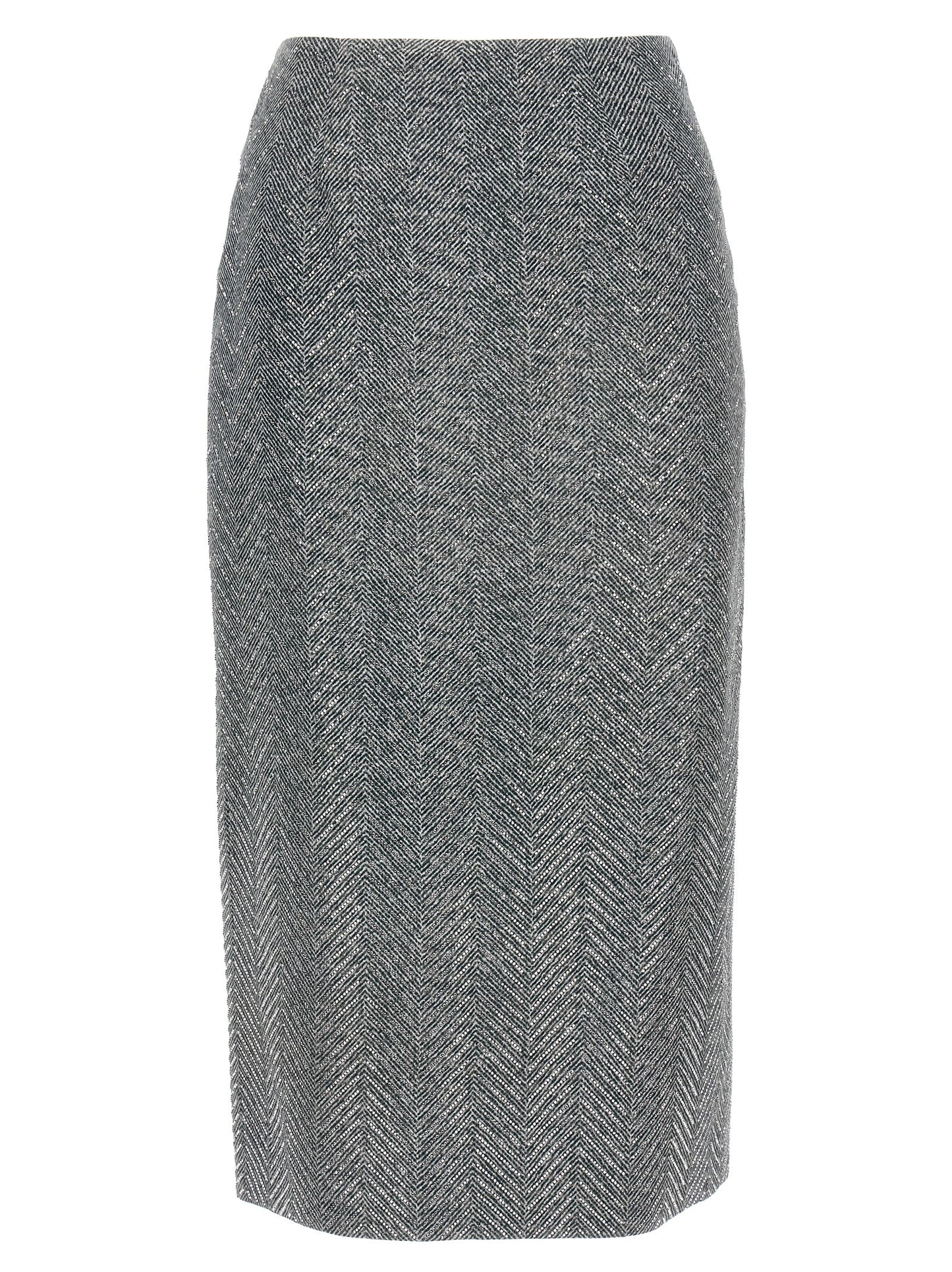 Skirt by Ermanno Scervino for women in silk & rhinestone gray, patterned & herringbone features a captivating silhouette, showcasing the captivating Women's Silk & Rhinestone Midi Skirt design with a sophisticated midi for a captivating look.