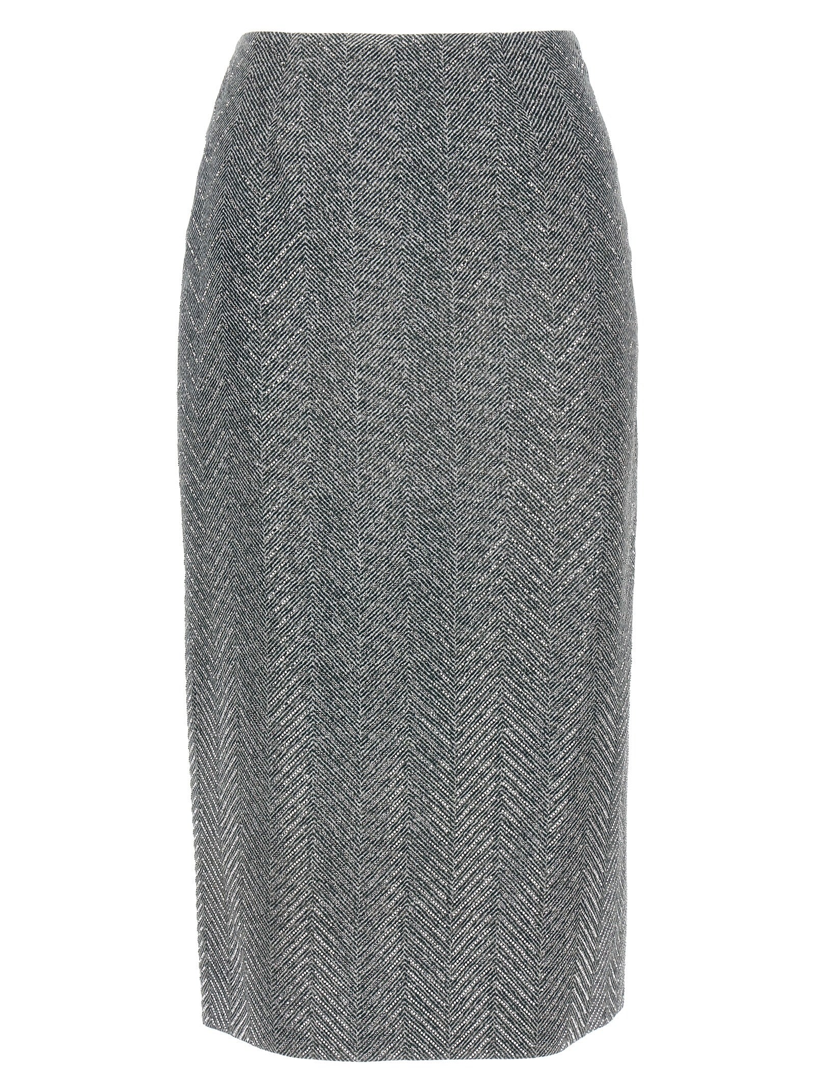 Skirt by Ermanno Scervino for women in silk & rhinestone gray, patterned & herringbone features a captivating silhouette, showcasing the captivating Women's Silk & Rhinestone Midi Skirt design with a sophisticated midi for a captivating look.