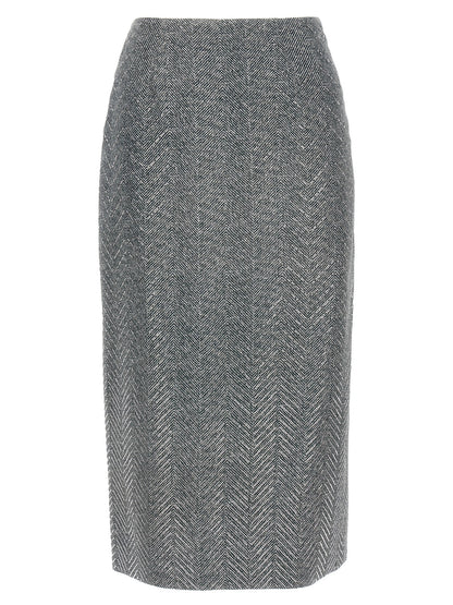 Skirt by Ermanno Scervino for women in silk & rhinestone gray, patterned & herringbone features a captivating silhouette, showcasing the captivating Women's Silk & Rhinestone Midi Skirt design with a sophisticated midi for a captivating look.