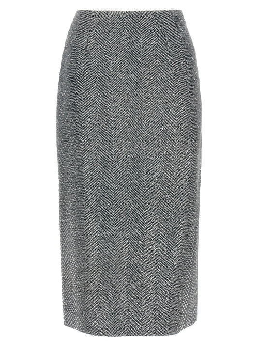 Skirt by Ermanno Scervino for women in silk & rhinestone gray, patterned & herringbone features a captivating silhouette, showcasing the captivating Women's Silk & Rhinestone Midi Skirt design with a sophisticated midi for a captivating look.