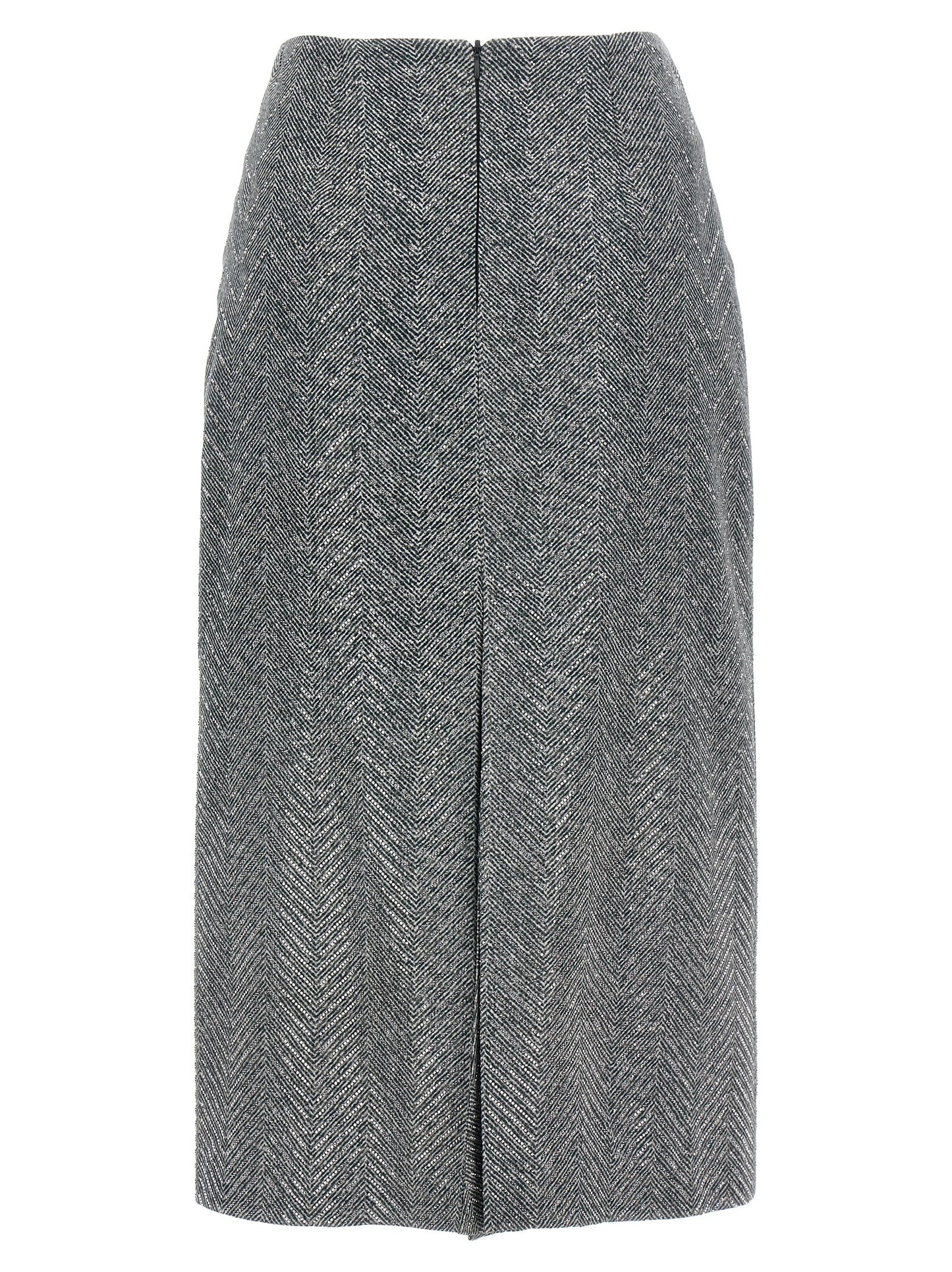 Skirt by Ermanno Scervino for women in silk & rhinestone gray, patterned & herringbone features an tailored silhouette, artfully capturing the essence of Women's Silk & Rhinestone Midi Skirt in a sophisticated midi.