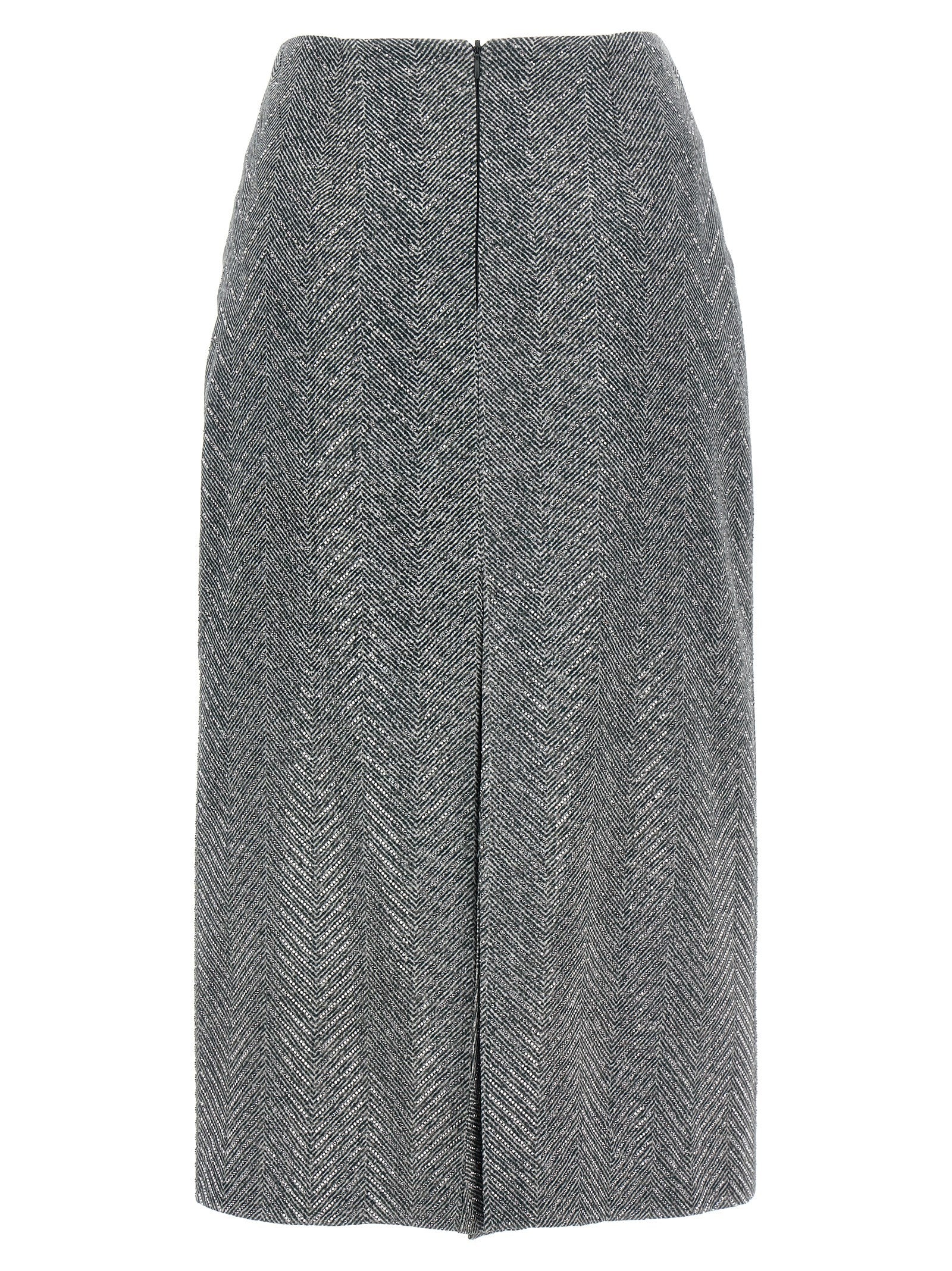 Skirt by Ermanno Scervino for women in silk & rhinestone gray, patterned & herringbone features an tailored silhouette, artfully capturing the essence of Women's Silk & Rhinestone Midi Skirt in a sophisticated midi.