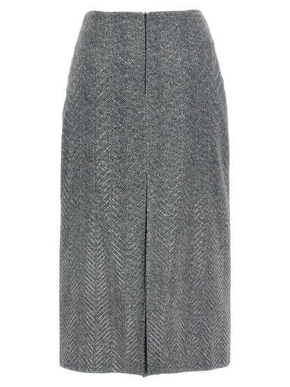 Skirt by Ermanno Scervino for women in silk & rhinestone gray, patterned & herringbone features an tailored silhouette, artfully capturing the essence of Women's Silk & Rhinestone Midi Skirt in a sophisticated midi.