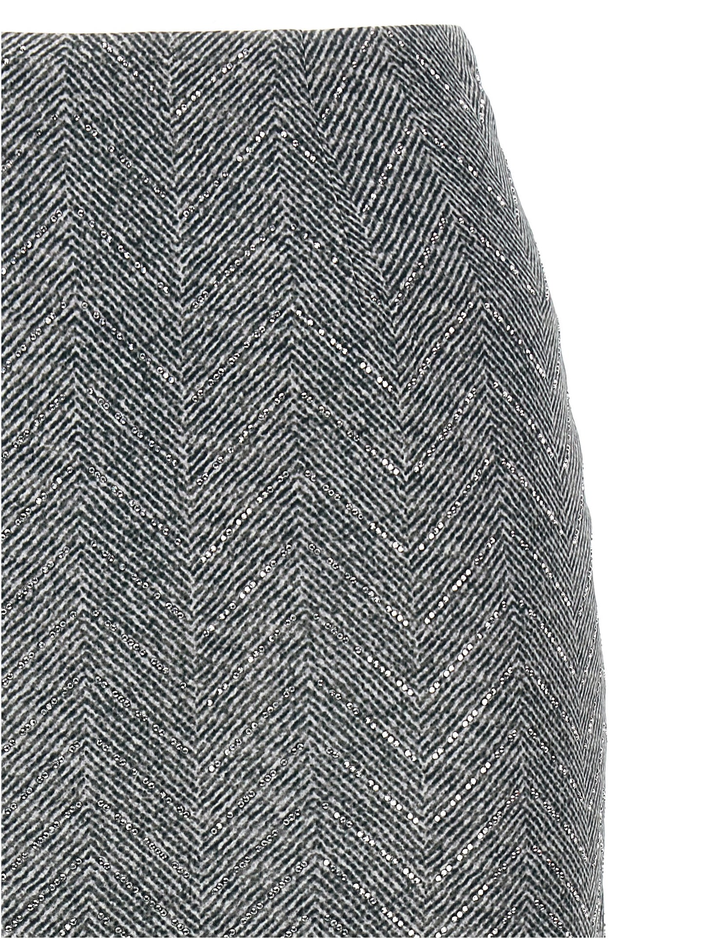 Skirt by Ermanno Scervino for women in silk & rhinestone gray, patterned & herringbone showcases a sultry silhouette, elegantly defined by its midi and the sophisticated sultry design of the Women's Silk & Rhinestone Midi Skirt.