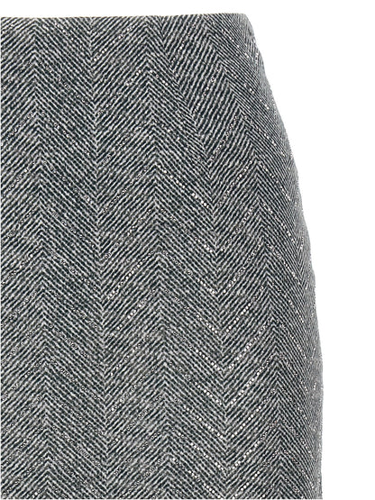 Skirt by Ermanno Scervino for women in silk & rhinestone gray, patterned & herringbone showcases a sultry silhouette, elegantly defined by its midi and the sophisticated sultry design of the Women's Silk & Rhinestone Midi Skirt.