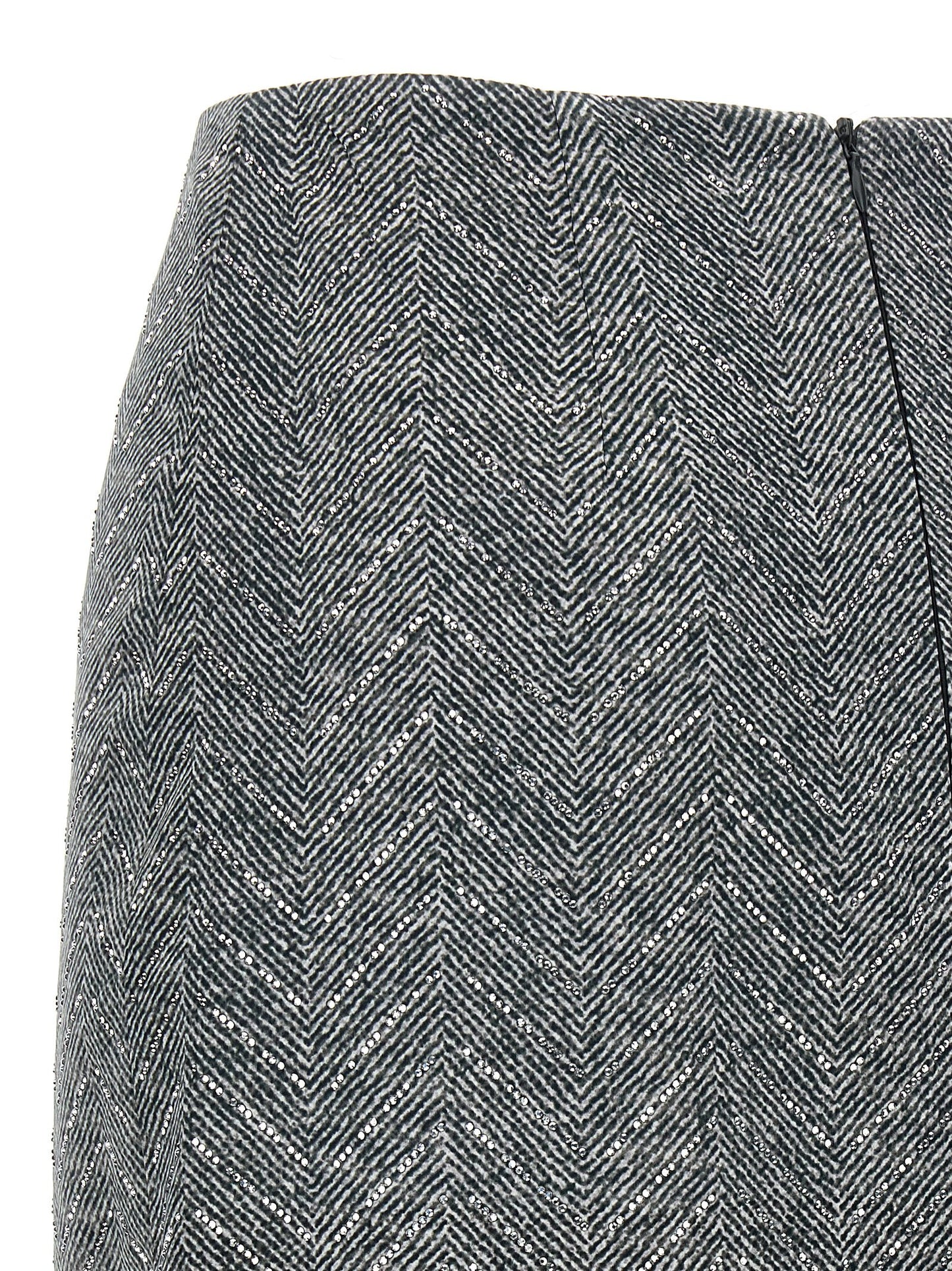 Skirt by Ermanno Scervino for women in silk & rhinestone gray, patterned & herringbone features a sublime silhouette, showcasing the sublime design of the Women's Silk & Rhinestone Midi Skirt in a sophisticated midi.