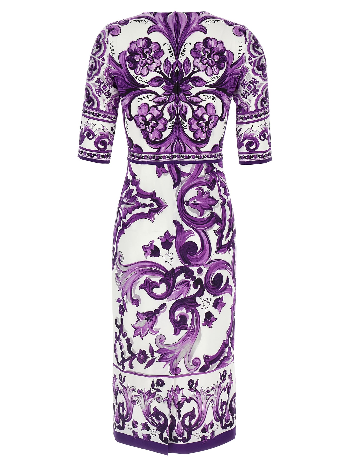 Dress by Dolce & Gabbana for women in silk purple & print features an eye catching silhouette with a sophisticated round neckline, elegant , and a refined midi for a eye catching aesthetic.