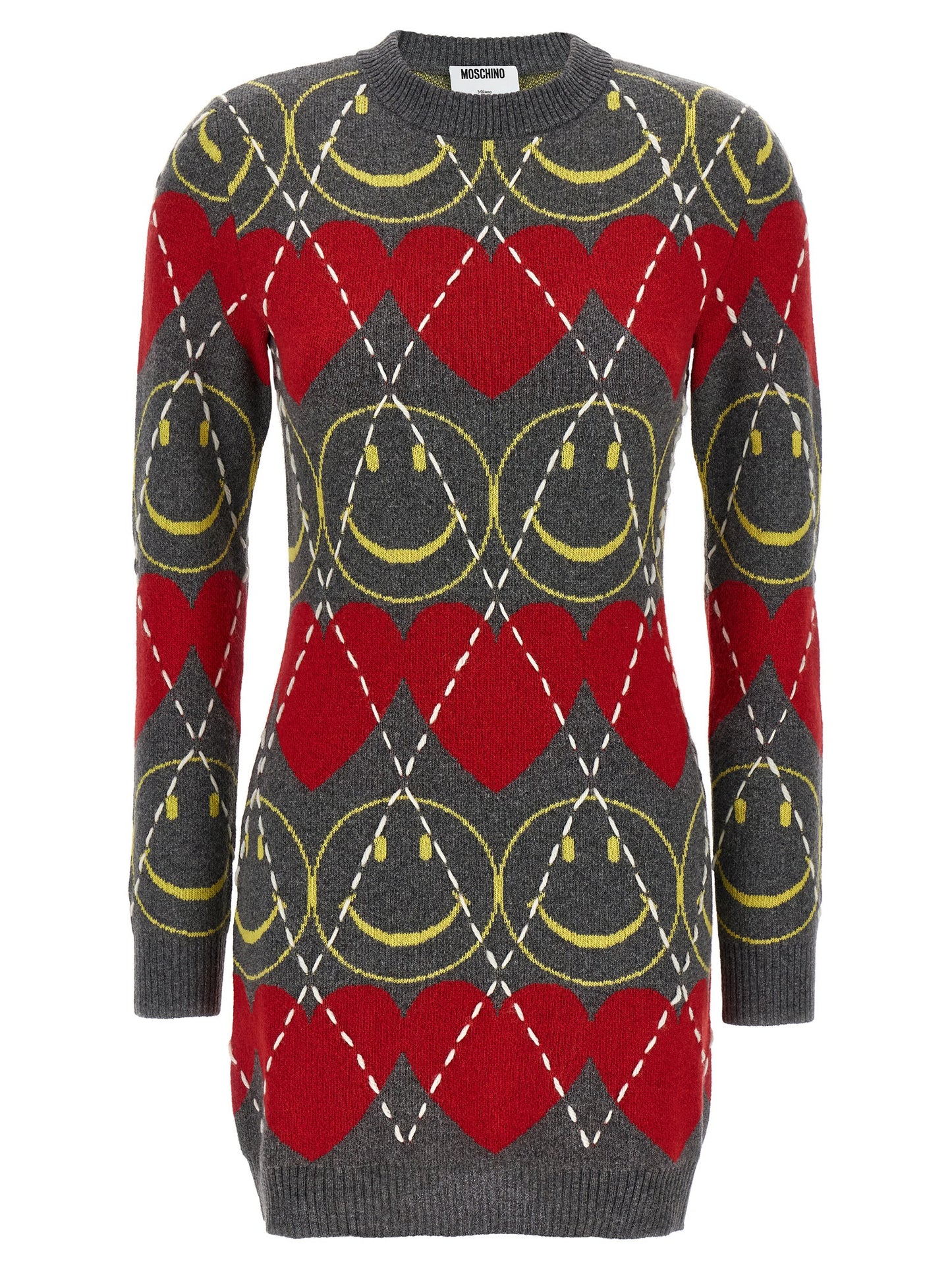 Dress by Moschino for women in polyamide leather viscose & cashmere multicolor & patterned features a dramatic silhouette, showcasing an elegant crew neckline and that flows into a dramatic short mini.