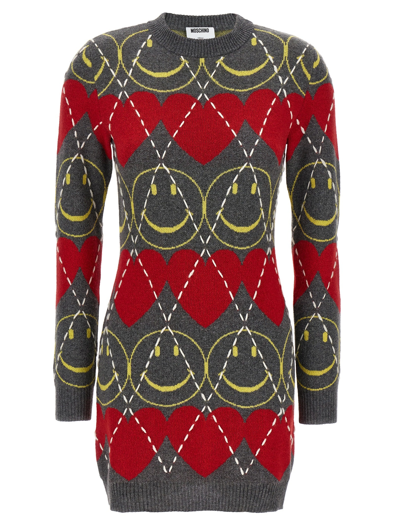 Dress by Moschino for women in polyamide leather viscose & cashmere multicolor & patterned features a dramatic silhouette, showcasing an elegant crew neckline and that flows into a dramatic short mini.